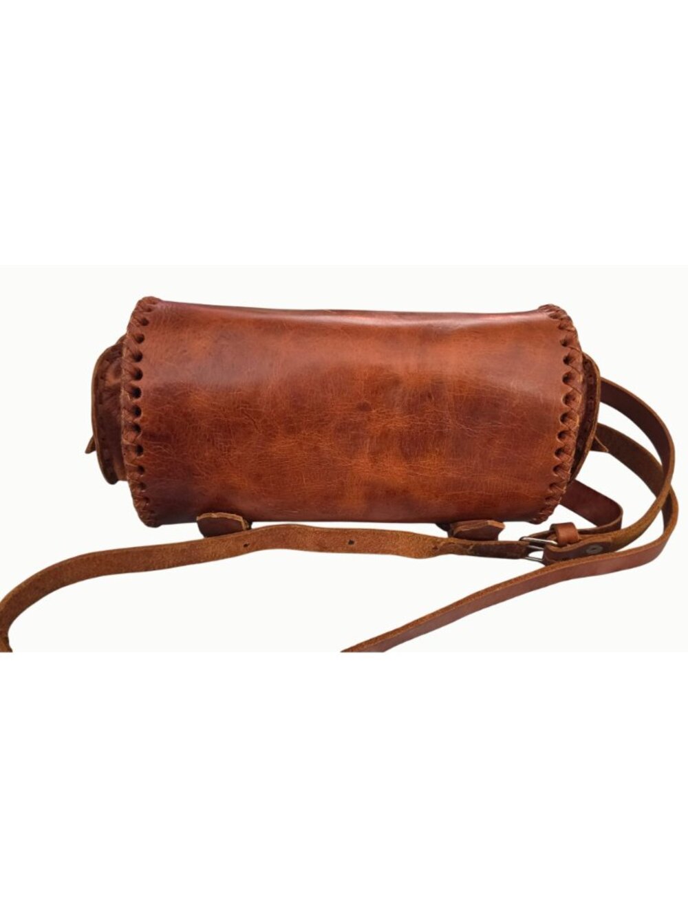 Handmade Leather Barrel Crossbody Bag Boho Western Vintage Cognac Hand Laced - Picture 3 of 8